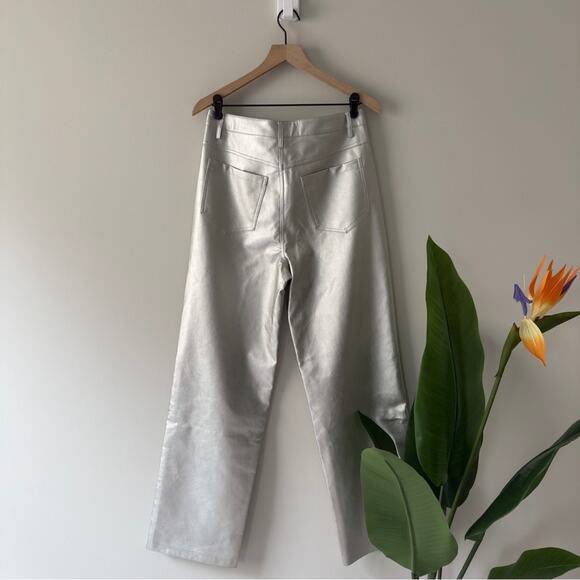 Wayf Silver Metallic Pants straight leg futuristic zip button pockets belt loops - Picture 3 of 12